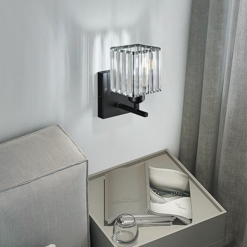 Modern Wall Sconces Set of Two Indoor Wall Lamp Black Wall Sconce Crystal Wall Light Bathroom Vanity Light Fixtures Wall Mounted Room Sconce Wall Lighting (2 Count)