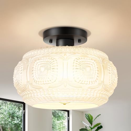 11 Inch Milk Glass Semi Flush Mount Ceiling Light Fixture