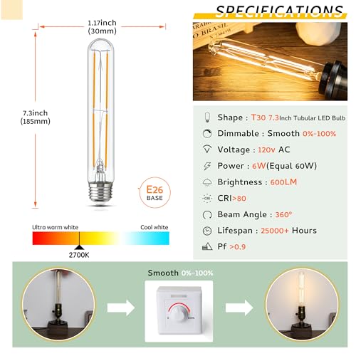 Tubular Light Bulb 7.3IN Dimmable T10 LED Bulb E26 6W 60 Watt Edison Bulbs (8 Count)