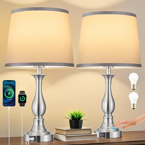 Bedside Table Lamp Touch Control Bedroom Lamps with USB A + C Charging Port 3 Way Dimmable Touch Lamps for Nightstand Living Room Bedroom Dorm Home Office Reading (2 Count)