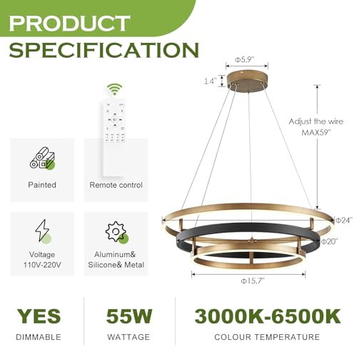 Modern LED Chandelier Black Gold Dimmable 3 Ring Pendant Light for Dining Room