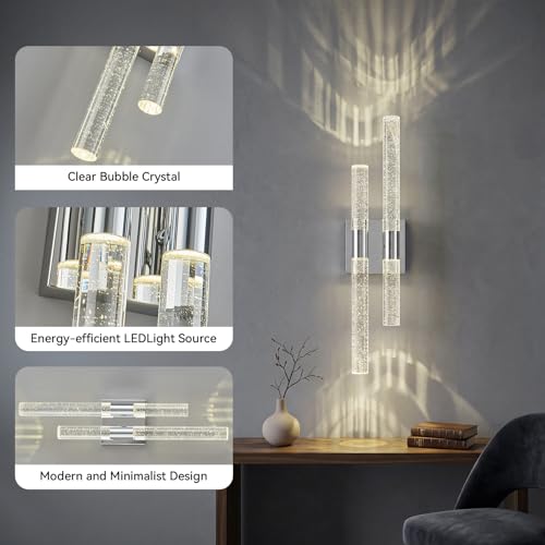 Crystal Wall Sconces Set of Two Chrome Wall Sconce Hardwired LED Bathroom Vanity Light Fixtures 21.25in 4000K Vertical and Horizontal Wall Mounted Sconces for Bedroom (2 Count)