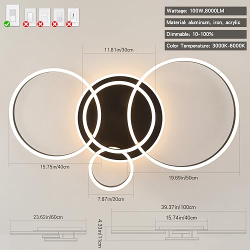Flush Mount Modern Ceiling Light Black Led Modern Light Fixtures Ceiling Mount Lights 4 Rings Led Chandelier Lamp Fixture with Remote for Living Room Kitchen Dining Room Bedroom