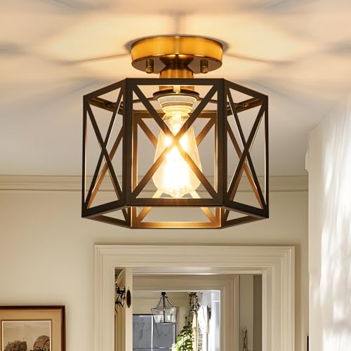 Modern Farmhouse Black and Gold Semi Flush Mount Ceiling Light 9.5 in