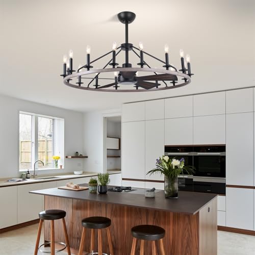 44" Wagon Wheel Chandelier with Fans