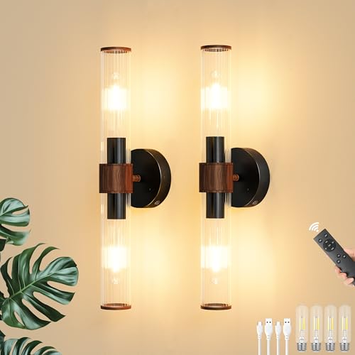Black Walnut Battery Operated Wall Sconces Set of 2