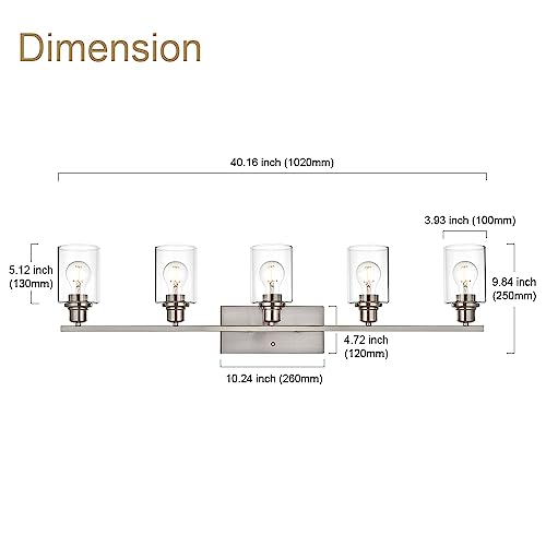 5 Light Bathroom Vanity Light Fixtures in Brushed Nickel Finish Indoor Wall Sconce Lighting Over Mirror with Clear Glass Shade for Living Room (5 Count)
