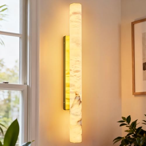 Natural Alabaster Wall Sconces Spanish Marble Wall Light Cylinder Modern Gold LED Sconce for Living Room Bedroom Bathroom Stairs（L