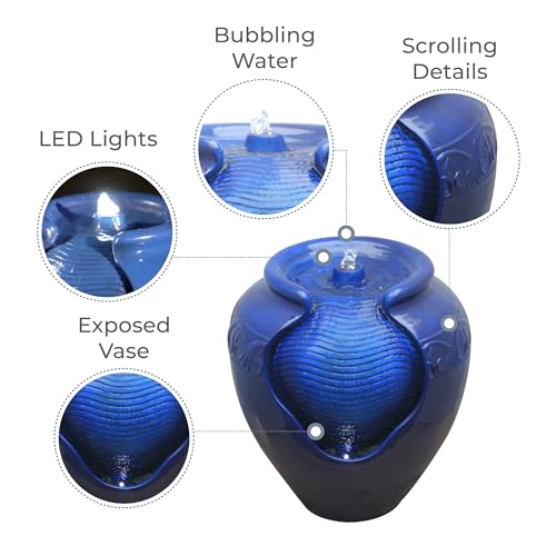 16.96 in. Outdoor Glazed Pot Water Fountain with LED Lights