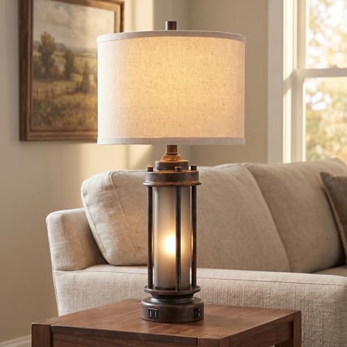 25" Farmhouse Lamps for Living Room with 2 USB C+A Ports