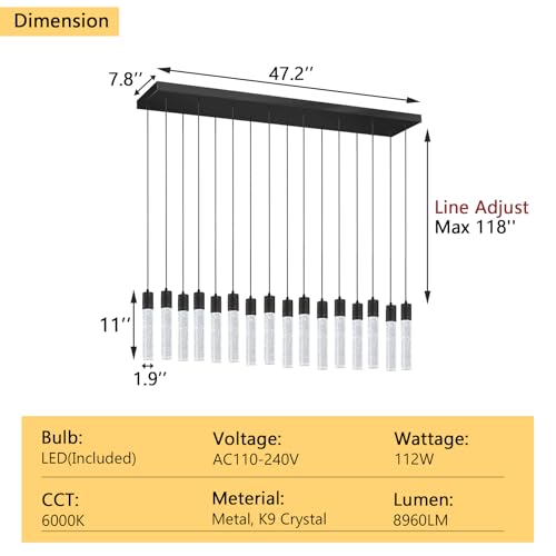 16 Lights Modern Crystal Rectangular Chandeliers LED Pendant Light for Kitchen Island High Ceiling Chandelier for Dining Room Entrance Foyer Living Room Black
