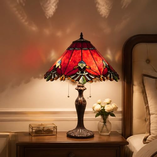 L10024 Baroque Tiffany Style Stained Glass Table Lamp with 17 inches Wide Handmade Lampshade for Bedside Bedroom Living Room