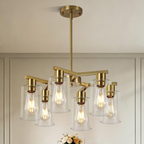 6 Light Modern Farmhouse Gold Chandelier with Clear Glass Shade