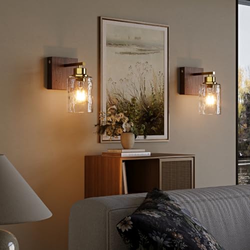 Hammered Glass Battery Operated Wall Sconces Set of Two Gold & Walnut