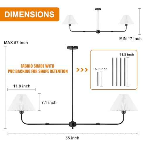 55" Black Modern Chandelier, 2-Light Linear Dining Room Light Fixture | White Fabric Shade, Classic Linear Lighting, Height Adjustable Lights for Living Room Bedroom