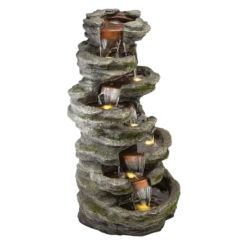 WIN1146 Outdoor Floor Cascading 8 Tiered Rock Garden Water Fountain with LED Lights