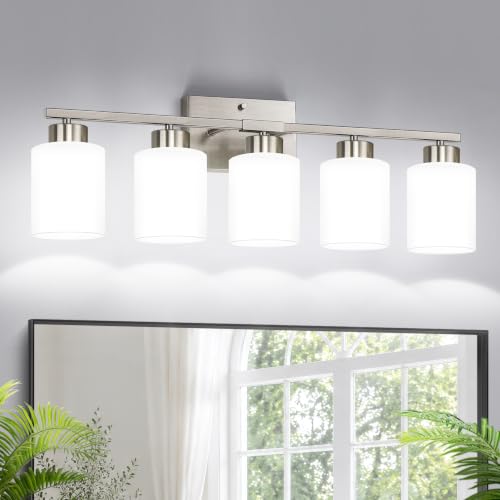 Brushed Nickel Bathroom Light Fixtures with Milk Glass Shades
