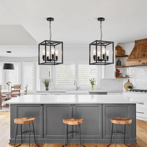 4 Light Farmhouse Chandelier Fixture Rustic Industrial Pendant Lighting Adjustable Height Metal Cage E26 Hanging Lights for Kitchen Island