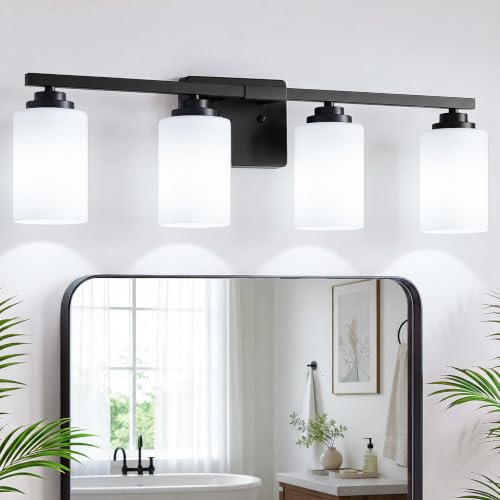 4 Light Matte Black Bathroom Light Fixtures Over Mirror 27 Inches