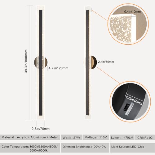 Modern Black Wall Sconces 39.4In Hardwired Light Fixtures 3000K Dimmable LED Sconce Lighting Indoor Wall Lamps for Living Room Bedroom Hallway Stairs