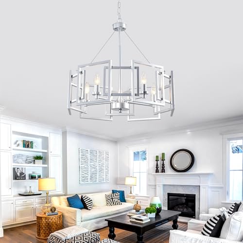 Modern Chandelier Chrome Geometric Pendant Lighting Fixture 5-Light Metal Farmhouse Chandelier for Dining Room Living Room entryway Kitchen Bedroom Island