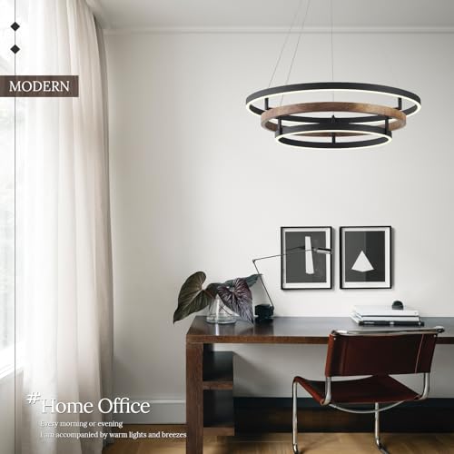 3 Ring LED Chandelier Modern Chandeliers Walnut Wood Black Dimmable 24''