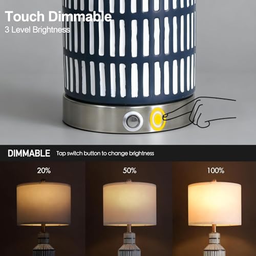 25" Modern 3 Way Dimmable Touch Control with USB A+C Ceramic Lamps Set of 2 Table Lamp for Living Room Bedroom Farmhouse Nightstand Bedside Blue (2 Count)