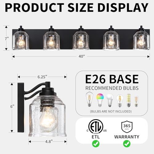 5 Light Vanity Lights for Bathroom Large 40" with Bubble Glass Shade