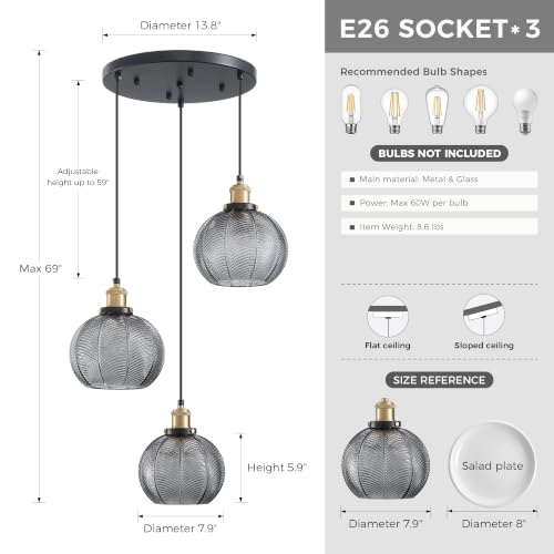 3 Light Modern Smoky Gray Striped Glass Cluster Pendant Light
