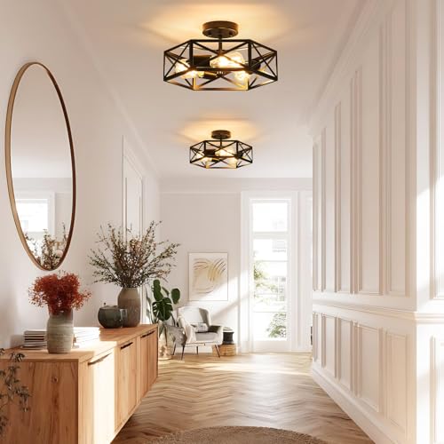 Modern Farmhouse Black Metal Semi Flush Mount Ceiling Light Fixture 14.6 in