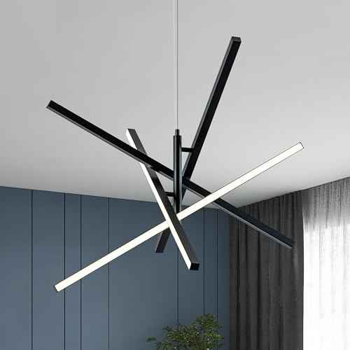 Modern LED Chandelier Linear Pendant Light Dimmable 4 Lights Linear Chandelier 3000K,4000K,6000K Hanging Pendant Lighting for Kitchen Island Living Dining Room Restaurant Office (Black)