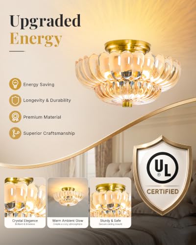 Semi Flush Mount Ceiling Light Fixture 11.8" Vinatge Gold Ceiling Lights Mid Century Modern Glass Close to Ceiling Lighting Fixtures for Bedroom Hallway Foyer Bathroom Kitchen Entryway
