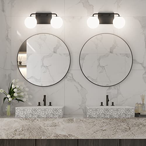 2 Lights Mid Century Vintage Bathroom Vanity Light Fixtures Over Mirror Black Industrial Vanity Lights with Milk White Glass Globe Farmhouse Bath Lighting