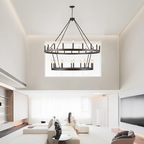 Rustic Farmhouse Wagon Wheel Chandelier Oil Rubbed Bronze Large Chandeliers for High Ceilings Kitchen Table Lighting 2 Tier 32 Lights 50 Inch for Dining Room Kitchen Island