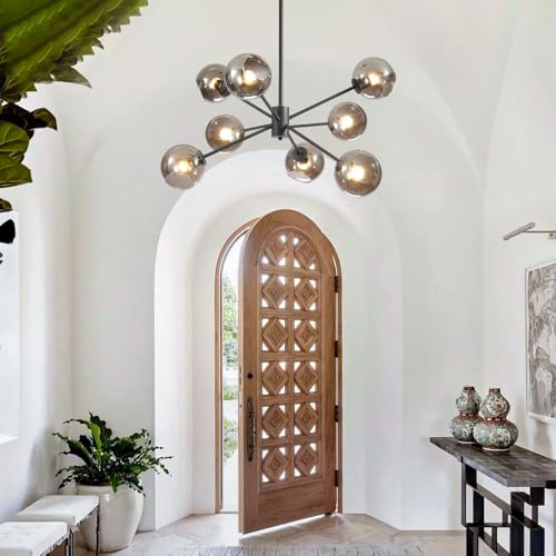 8 Lights Mid Century Modern Matte Black Chandelier Glass Globe Sputnik Chandelier Large Smoke Gray Ball Sputnik Hanging Pendant Light Kitchen Island Living Room Dining Room Bedroom Light Fixture