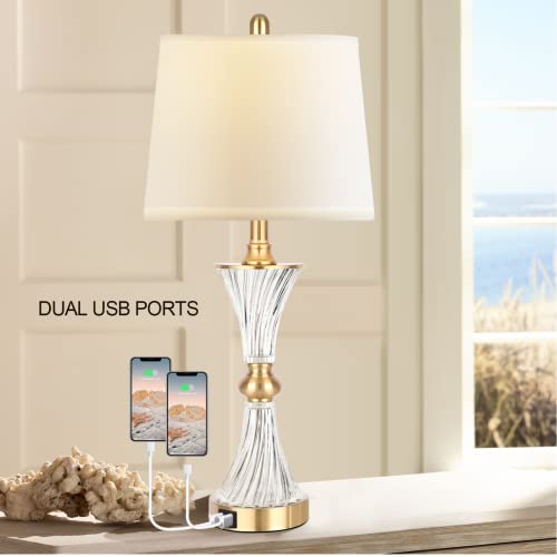 Touch Table Lamps for Bedroom Set of 2 Modern Living Room 3 Way Dimmable Gold Glass Bedside Nightstand Lamp for End Table with 2 USB Charging Port