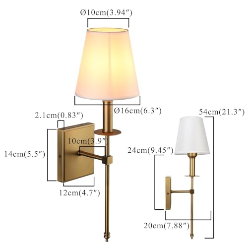 Set of 2 Classic Rustic Industrial Wall Sconce Lighting Fixture with Flared White Textile Lamp Shade and Antique Brass Tapered Column Stand (2 Count)