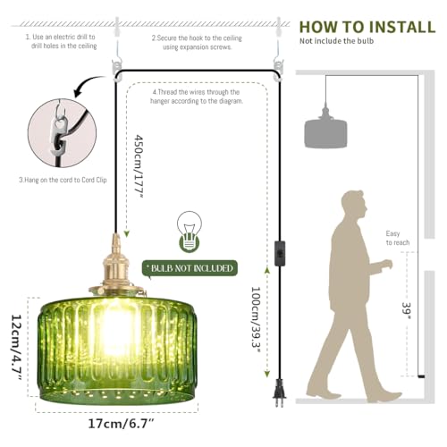 Plug in Pendant Light Green Glass Pendant Lamp Striped Glass Shade Vintage Plug in Ceiling Hanging Lamp 1