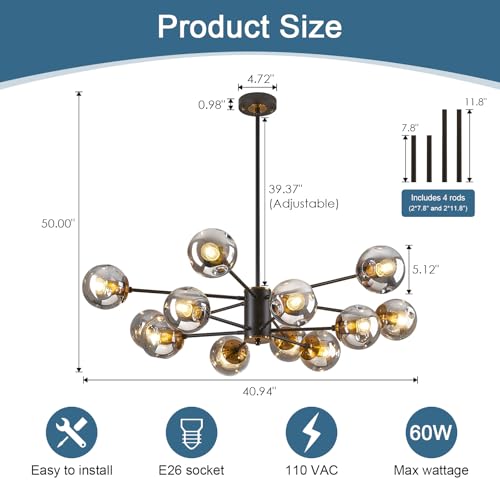 12 Globe Glass Bubble Black and Gold Modern 2 Tiered Sputnik Chandelier