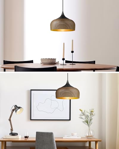 Modern Bauhaus Pendant Light Walnut Wooden Pattern Dome Pendant Light Fixture Matte Black Metal Gold Inner Adjustable Hanging Lighting for Kitchen Island Dining Room Office Hallway Bedroom
