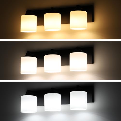3 Light Black Bathroom Vanity Light with White Glass Shades
