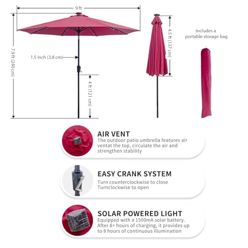 9FT Solar Patio Umbrella with 32 LED Lights