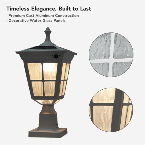 Cast Aluminum Solar Post Light Waterproof LED with Glass Outdoor Dusk to Dawn Pillar Lights ST4311AQ for Pier Mount Pillar Gates Garden Pole Column Yard Path Driveway