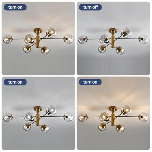 6 Light Gold Sputnik Chandelier Modern Semi Flush Mount Ceiling Light with Glass Globe Shade Mid Century Ceiling Lighting for Dining Room Living Room Kitchen Farmhouse Bedroom