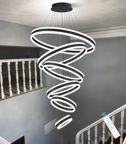 6 Rings Modern LED Chandeliers Large High Ceiling Chandelier for Foyer Black Dimmable Long Handing Lighting Fixture for Living Room Entryway Villa Staircase 3000K