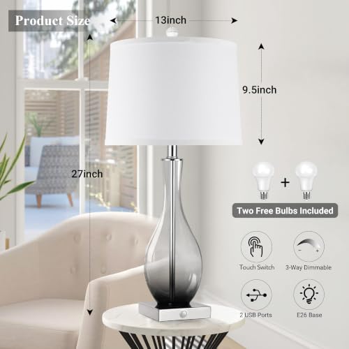 27" Glass Table Lamps with USB Ports (2 Count)