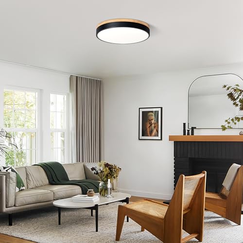Modern LED Wood Black Round Flush Mount Ceiling Light 15.74 Inch