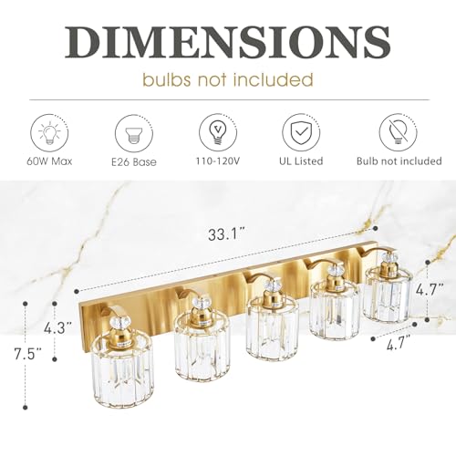 5 Lights Brushed Brass Bathroom Light Fixture Gold Vanity Lights Modern Crystal Bathroom Vanity Lighting Over Mirror Wall Sconce with K9 Crystal Shade E26 Base for Living Room