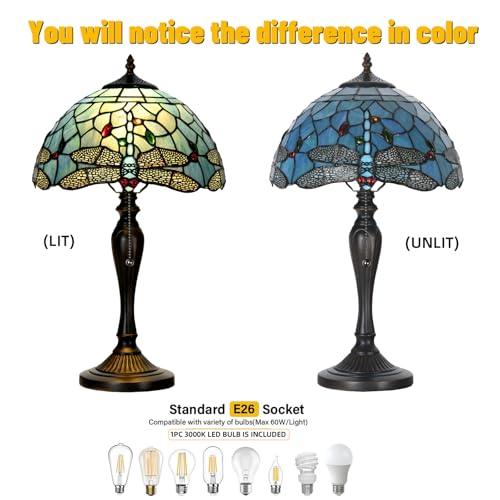TL0023 Tiffany Style Dragonfly Table Lamp Stained Glass Blue Shade Reading Desk Light 12 X 20 Inches for Bedroom Living Room Home Office