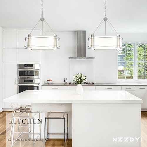 20.4''Drum Chandelier,5-Light Brushed Nickel Modern White Fabric Chandeliers,Farmhouse Round Pendant Light Fixture for Dining Room Kitchen Island Living Room Bedroom Hallway